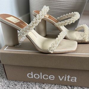 Dolce Vita Pearl-Strap Cream Block Heel Sandals